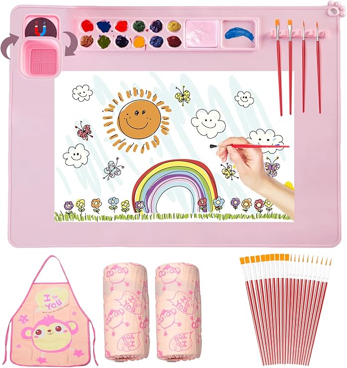 Silicone Painting Mat,Painting Stations Kit [1x Apron,1 Pair Oversleeve,20 Pieces Brushes] Craft Silicone Mats 21"X17" with Detachable Cup for Kids Gift,Paint, Clay, DIY Projects