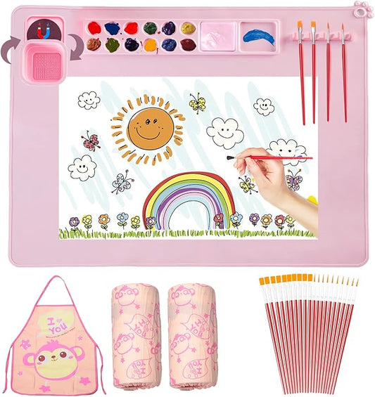 Silicone Painting Mat,Painting Stations Kit [1x Apron,1 Pair Oversleeve,20 Pieces Brushes] Craft Silicone Mats 21"X17" with Detachable Cup for Kids Gift,Paint, Clay, DIY Projects