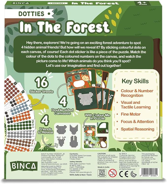 BINCA Dotties Dot Art Activity Kit, 750+ Stickers, Forest Animals Mess-Free Activities, DIY Dot Sticker Art for Toddlers, Kids Travel Activities, Craft Kits & Gifts for Boys & Girls Ages 4,5,6,7