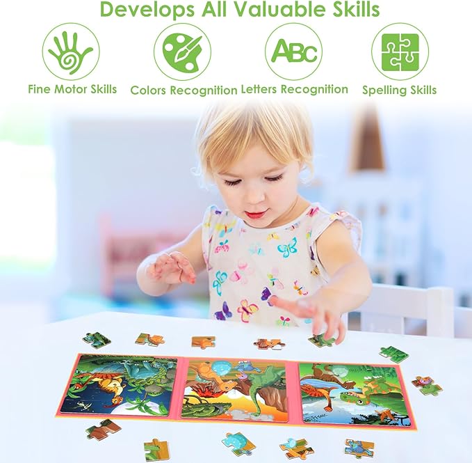 Magnetic Puzzles for Kids Ages 4-6, 20-Piece Travel Toys Dinosaur Toddler Puzzles Ages 2-4, Educational Learning Magnets, Ideal Road Trip Activities Toys for 2 3 4 5 6 Boys and Girls