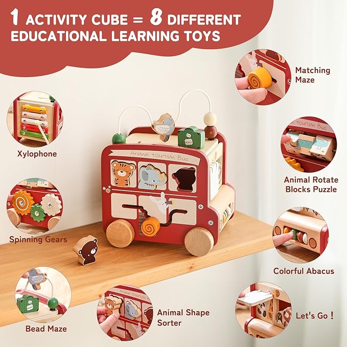 Wooden Activity Cube 8-in-1 Montessori Toys | Multifunctional Early Educational Learning Toys | Wooden Toy for Baby Shape Sorter Xylophone Animal Travel Bus Boy Girl Birthday Gift（Red Bus）