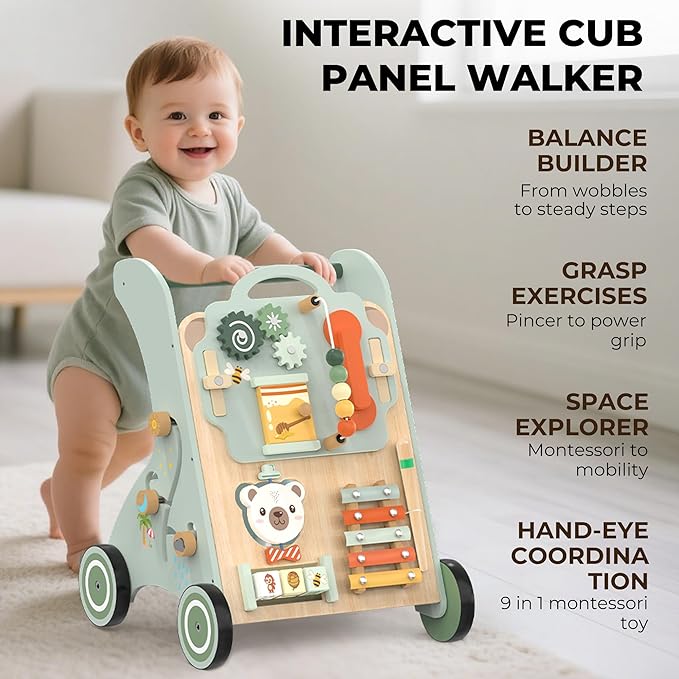 Wooden Baby Walker, Adjustable Speed Baby Push Walker for 1 Year Old, 10-in-1 Montessori Walker for Boys & Girls, Toddler Sit-to-Stand Learning Toy with Detachable Busy Board