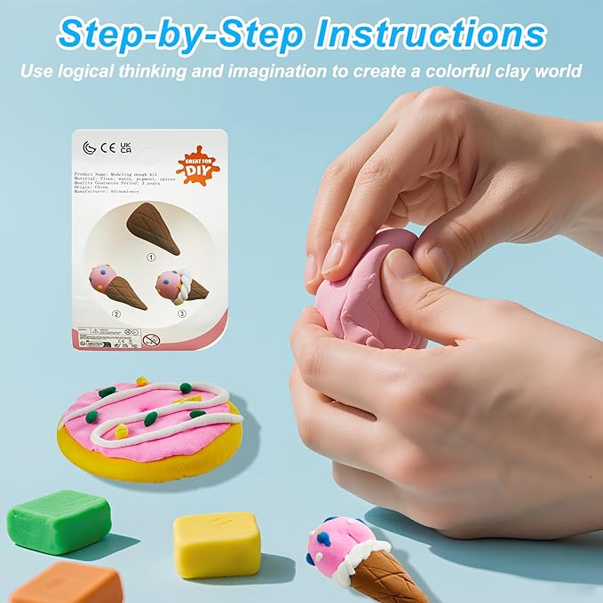 Air Dry Clay for Kids | 12 Pack DIY Modeling Clay Kit with 4 Colors Per Set & 12 Pastry Sculpting Guides | Non-Toxic, Easy to Use Arts and Crafts Gift for Boys & Girls Ages 3+
