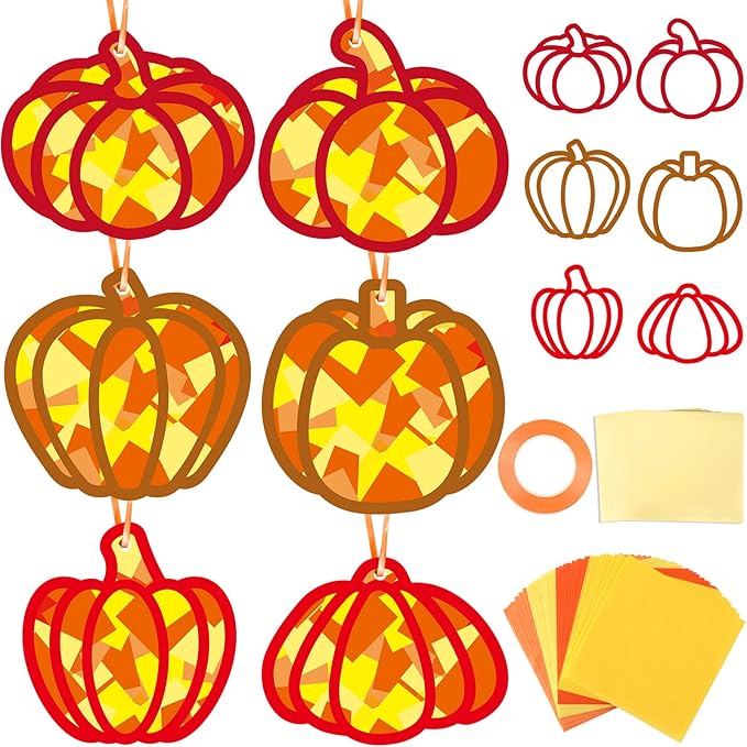 36 Set Fall Pumpkin Suncatchers Crafts for Kids DIY Autumn Window Tissue Paper Crafts Kit Thanksgiving Pumpkin Hanging Decor for Fall School Home Activity Art Project Birthday Party Favor Gift