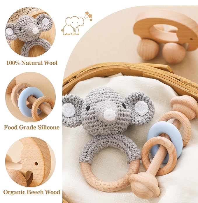 Wooden Baby Rattle 3 PCS Push Car Rattle Set Crochet Rattle Ring Wooden Montessori Toy for Newborn Infant Baby Gifts (Elephant Rattle)