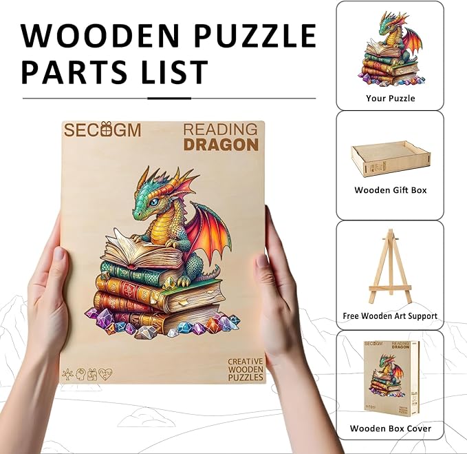 Wooden Puzzles for Adults - Reading Dragon Wood Puzzles Adult - Unique Animal Shape Wooden Jigsaw Puzzles for Adults - Birthday Gifts for Puzzle Lovers, Family (8.5 * 8.5in)