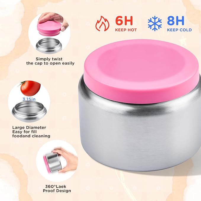 Bento Lunch Box for Kids With 8oz Thermo, Leakproof Bento Box with with 2 Compartments, Insulated Bottle, Lunch Bag, BPA Free Dishwasher Safe for School Girls Boys (Pink)