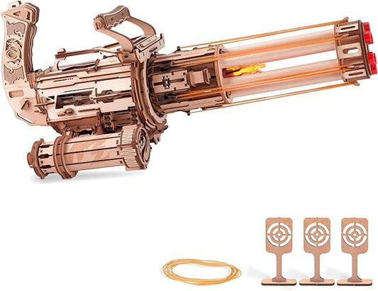 ROKR Gun 3D Puzzles for Adults, Wooden 3D Puzzle Rubber Bands Gun Toy, Rotating-Barrel Machine Gun, Wood Model Craft Kits, Cool Hobbies Birthday Gifts for Men Teen Boys 14+
