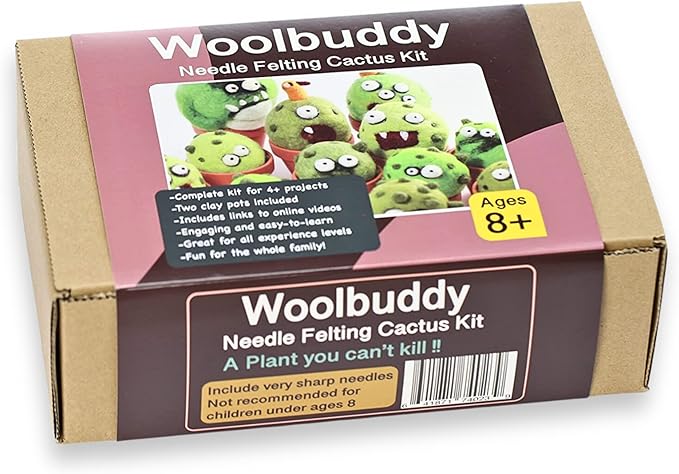 Woolbuddy Needle Felting Kit - Cactus Succulent Monster Design for Beginners Adult, Includes Wool, Supplies, 4 Clay Pots and Clear Instructions