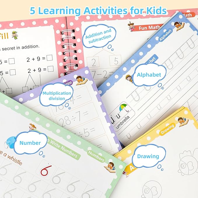 Complete Handwriting Practice for Kids, Grooved Writing Book Magic Copybook, Reusable Writing Practice Calligraphy Workbook, Kindergarten Preschool Learning Activities(Set of 5 books)