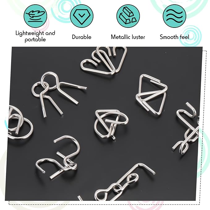 Yilloog Metal Wire Puzzle Set of 8 with Pouch, Brain Teaser Puzzles IQ Test Ring Disentanglement Unlock Interlock Game Trick Metal for Party Favor Challenge(B Style)
