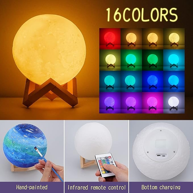 Minleway 7.1 Inches 16 Colors Rechargeable Paint Your Own Moon Lamp Kit, DIY Night Light Arts & Crafts Kit Gift for Kids, Women,Teen Girls Birthday Ages 5 6 7 8 9 10 11 12 Bulk Home Room Decor