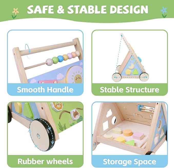 Wooden Baby Walker with Wheels, Montessori Baby Push Walker for Babies 6-12 Months, Baby Activity Center Walking Toy for 1 Year Old Learning to Walk Toddler Girls Boys