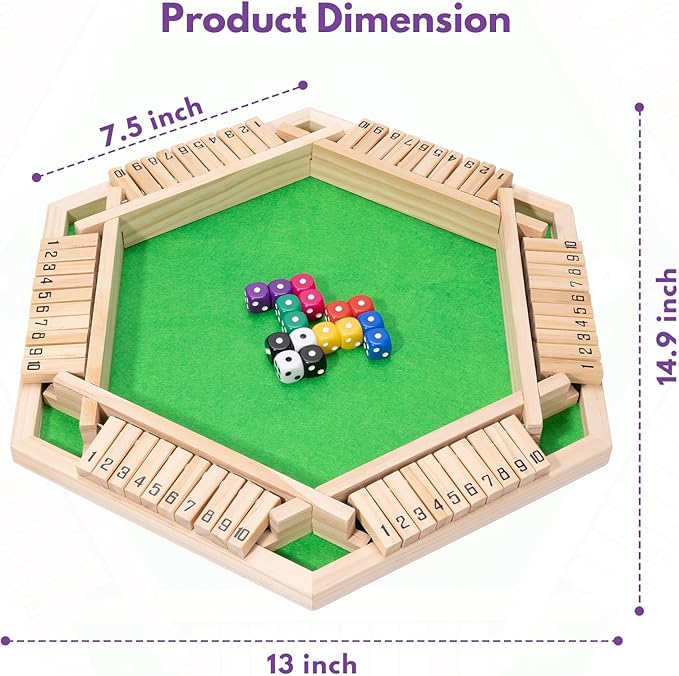 Shut The Box Dice Game - Classic Wooden Tabletop Game for 2-6 Players - Natural Wood Finish Family Board Game for Adults & Kids - Perfect for Parties, Bars, Classroom Math Learning