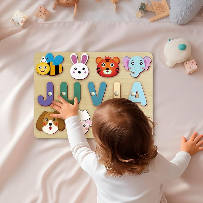Custom Name Puzzles for Toddlers 1-3 - Name Puzzle for Kids, Personalized Wooden Animal Puzzle, Baby Gifts, Baby Shower, Christmas, Newbaby Gift, Gifts for 1 2 3 Years Old (Animal-Name -02)