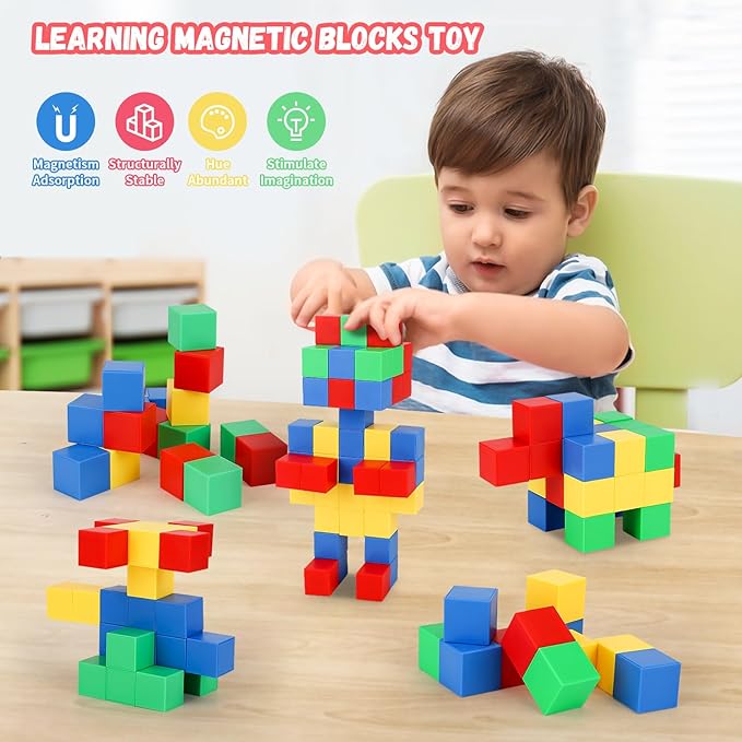 VGY 64 PCS Magnetic Blocks for Kids, Learning Magnet Cubes Building Toys for Toddlers, STEM Educational Sensory Montessori Square Toy for Boys and Girls