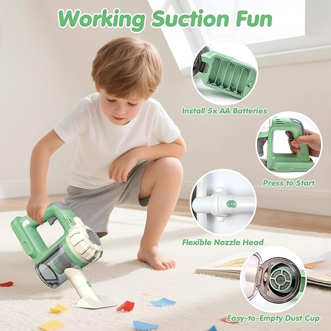 3-in-1 Kids Vacuum That Really Works – Working Toddler Vacuum Cleaner with Real Suction, Montessori Pretend Play Cleaning Toy Gift Set for Boys and Girls Ages 3+