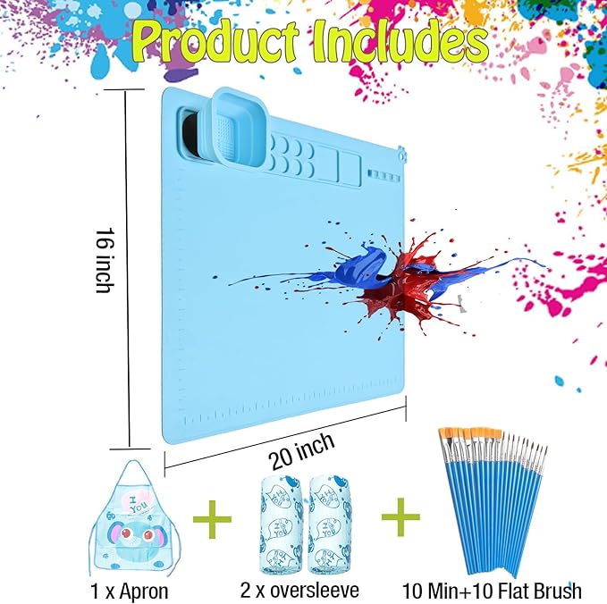 Painting Stations,Silicone Art Mat [1x Apron,1 Pair Oversleeve,20 Pieces Brushes] Painting Craft Mats 21"X17" with Detachable Cup for Resin for Kids Gift,Paint, Clay, DIY Projects