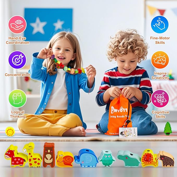 BMTOYS Montessori Educational Threading Toys Wooden Stringing Farm Animals Fruits Lacing Beads Preschool Toy for Toddler 3 4 5 Year Old Boys Girls