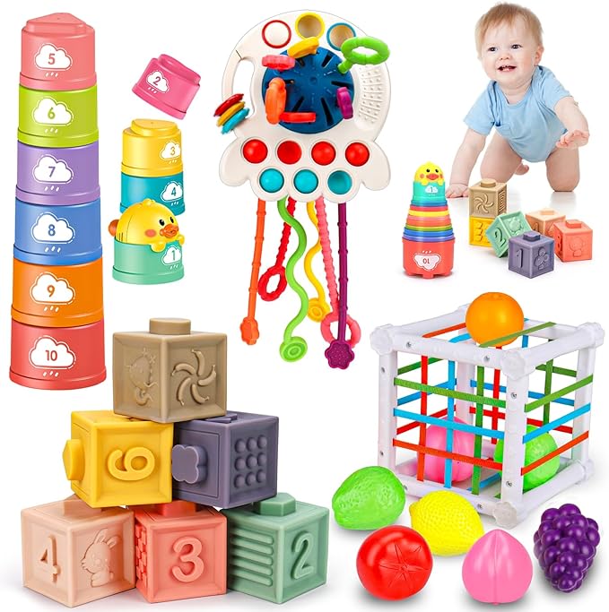Montessori Baby Toys 6-12-18 Months, Infant Pull String Stacking Cups Shape Sorter Blocks Toy 6 7 8 9 10 11 12 M+ Sensory Development Learning Toy 6-9 9-12 Months Birthday Gift for 1 Year Old Boy Girl