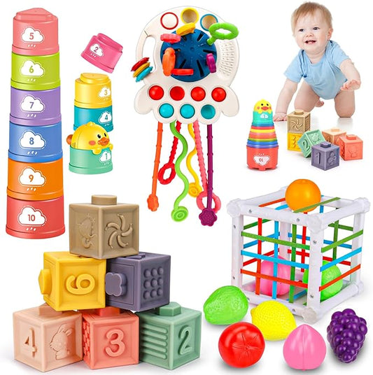 Montessori Baby Toys 6-12-18 Months, Infant Pull String Stacking Cups Shape Sorter Blocks Toy 6 7 8 9 10 11 12 M+ Sensory Development Learning Toy 6-9 9-12 Months Birthday Gift for 1 Year Old Boy Girl