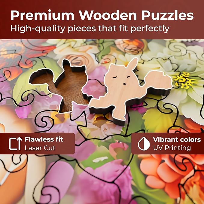 Crafthub Flowers Wooden Puzzles for Adults – A3 Blooming Heart with 128 Pieces Wood Puzzles – Jigsaw Puzzles with Unique Animal Shapes – 10.8" x 10.8"
