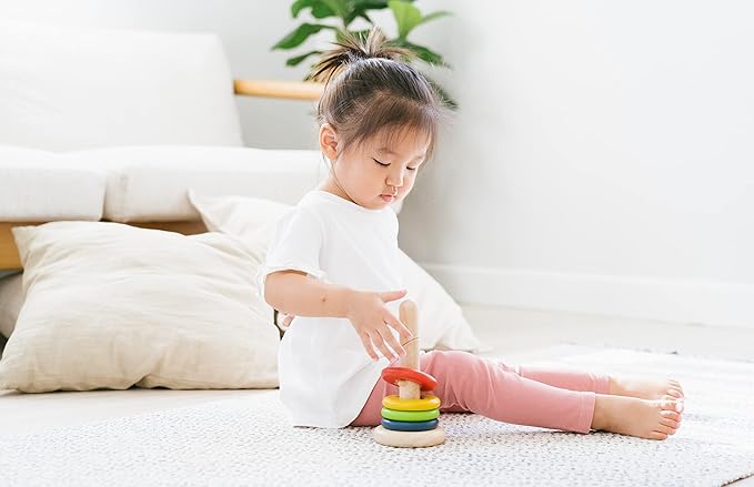 PlanToys® Twist & Sort Wooden Stacking Toy for Toddlers | Montessori Fine Motor Toy with Twistable Rod & Colorful Rings | Eco-Friendly Educational Puzzle for Kids Ages 2+