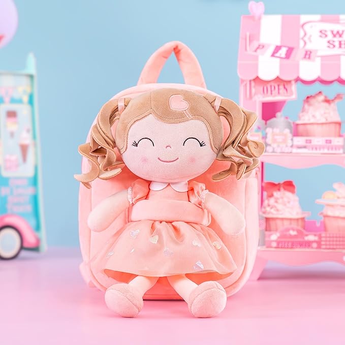 Gloveleya Back to School Gifts for GirlsToddler Backpack Baby Girl Gift Plush Bag Diaper Bag with Spring Girl Doll Curly Hair Girl Toys with Love Orange 9 Inches