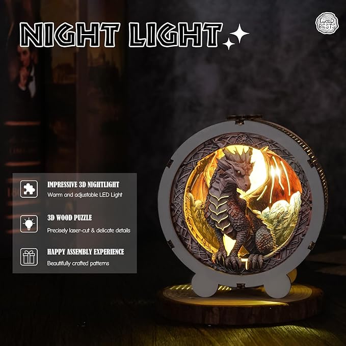 3D Puzzle Nightlight-LED Woodden 3D Puzzle Gifts-Silver Dragon 3D Wood Puzzles Storybook Night Light Home Décor for Adults,Unique Gifts for Mom,Dad,Sister,Wife
