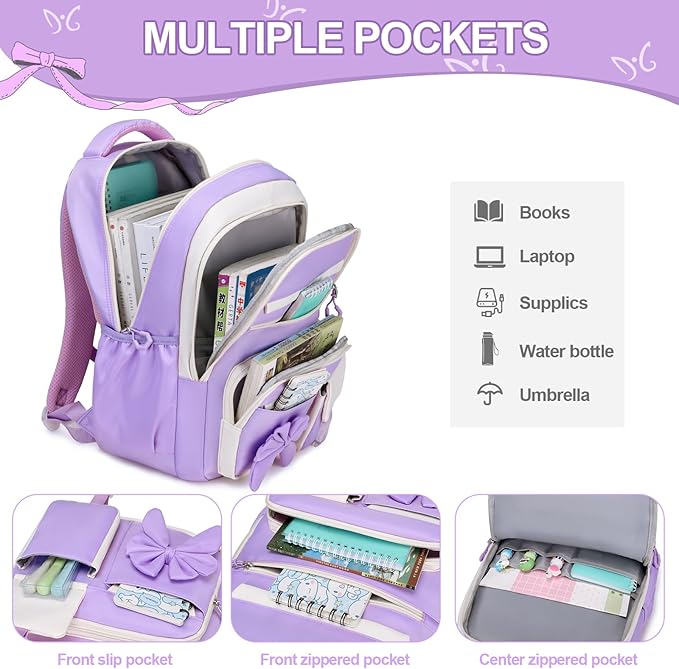 Backpack for Girls, 3PCS Girls Backpack for School with Lunch Bag Pencil Case, Cute Kids Teens Bookbag for Kindergarten Elementary Preschool Middle School (Purple)
