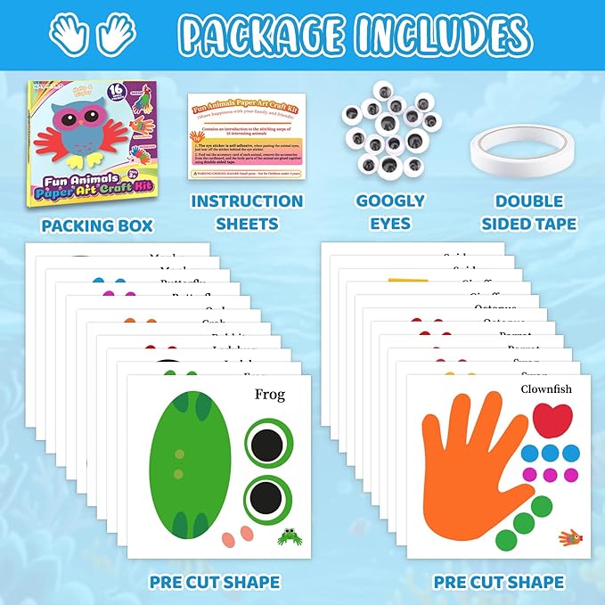 Animals Handprint Art Craft Kits- 16 Pack Easy Animal Cutout Craft for Toddler Age 3+,DIY Fun Hand Print Paper Crafting,Creative Toys Preschool Classroom Activity Project for Kids Boys & Girls