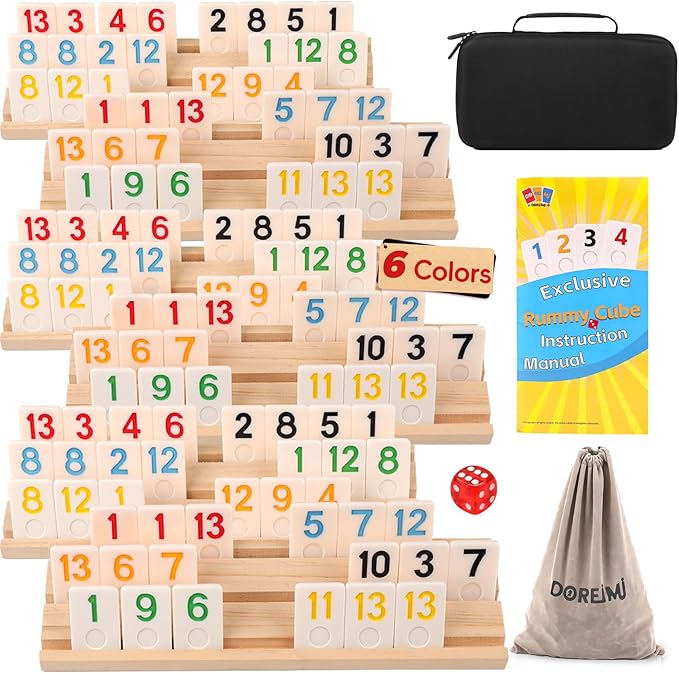Premium Rummy Cube Game Set 6 Colors with 6 Wooden Holders and 162 Rummy Tiles, Travel Family Board Game for Adults and Kids