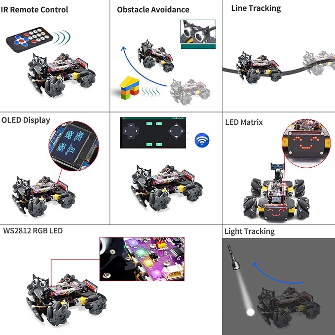 Adeept Mecanum Wheel Smart Car Kit(Compatible with Arduino IDE), Line Tracking, Light Tracing, Obstacle Avoidance, Servo Motor, OLED Display, Buzzer, LED Dot Matrix Display