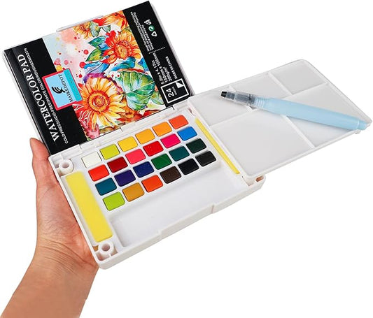 Graspable Watercolor Paint Set,Vivid Colors Painting Set Travel Paint Set Watercolor Sketching Kit with Water Pen,24 Sheets Watercolor Papers,3 Tutorial Video-24Colors