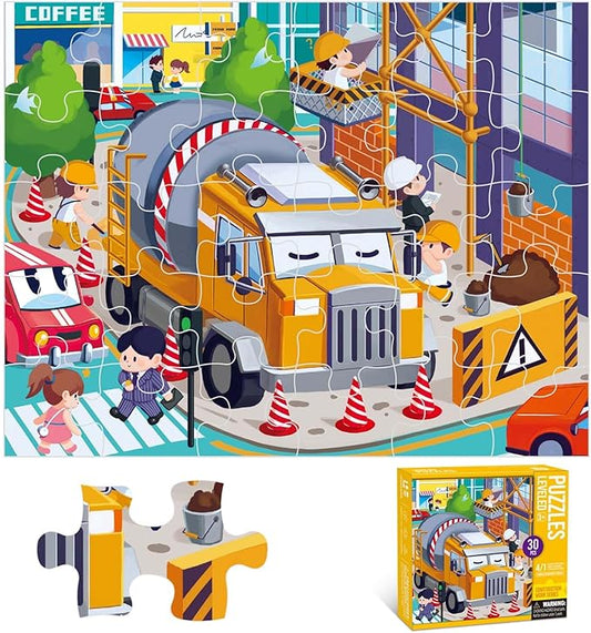 Puzzles for Kids Ages 3-6 Year Old,30pcs Jigsaw Puzzles for Toddlers & Children Ages 4-6，Educational Floor Puzzles with Storage Box for Gifts(Cement Truck)