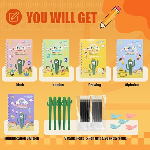 Upgraded Large Size Magic Practice Copybook for Kids, Reusable Grooved Handwriting Practice Book for Preschool Kids Age 3-8 Calligraphy with Catus Pens & Storage Bag (5PCS 7.3 * 10.3 inch)