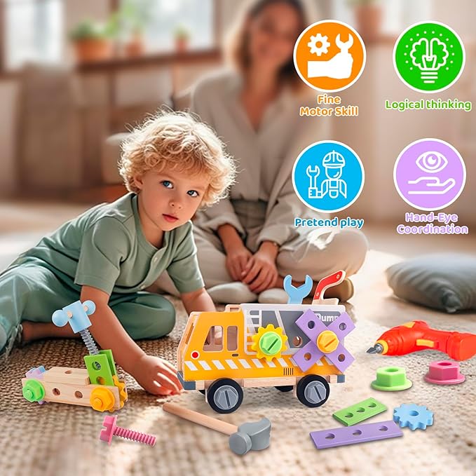 Kids Tool Set Toy with Drill Hammer, 38PCS Wooden Truck Boy Tool Set Construction Sensory Kit STEM Learning Toys, Montessori Pretend Play Boy Girls Kids Birthday Gift for Toddlers 1 2 3 4 5 6