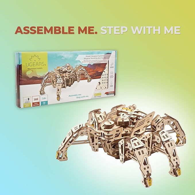 Ugears Hexapod Explorer 3D Puzzle - Walking Robot Wooden Model Kits for Adults to Build - Self-Propelled 6-Legged Mechanical Crawler Craft Kit - 3D Wooden Puzzles for Adults for Fathers Day - 388 Pcs