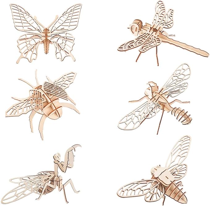 3D Wooden Insect Puzzle - 6 Piece Set Insect Animal Skeleton Assembly Model Puzzle - DIY Wooden Crafts 3D Puzzle - STEM Toys Gifts for Kids and Adults Teens Boys Girls