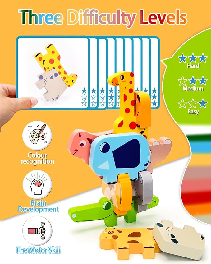Cowcowcow Montessori Toys for 1 2 3 4 Year Old Boys Girls, Toddler Toys Age 2-4, 1 2 3 4 Year Old Girl Boy Birthday Gifts, 10 pack Wooden Animal Blocks Sorting & Stacking Education Toddler Puzzles Toy