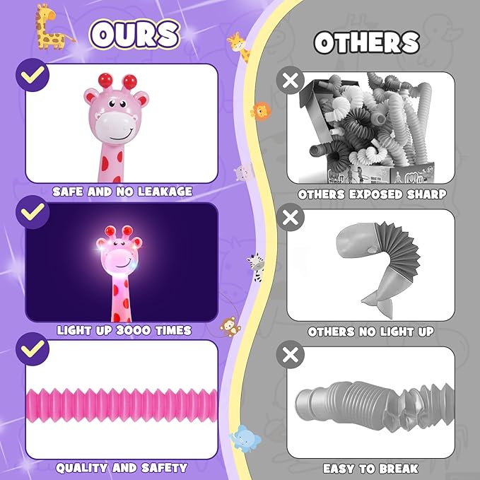 Sensory Fidget Toys for Kids : 4 Pack LED Giraffe Telescopic Pop Tubes 3 4 5 6 7 8 Year Old Girls Boys Halloween Birthday Gifts Toy for Kid Ages 3-5 Autism Toddler Travel Toy Party Favors