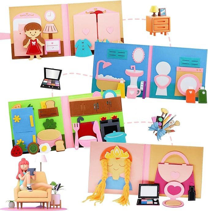 Montessori Felt Busy Book Toddlers Quiet Book Preschool Early Learning Educational Travel Toys for Kids Age 2 3 4 5 6 Years Travel Essentials Daily House Learning Activities Girls Gift
