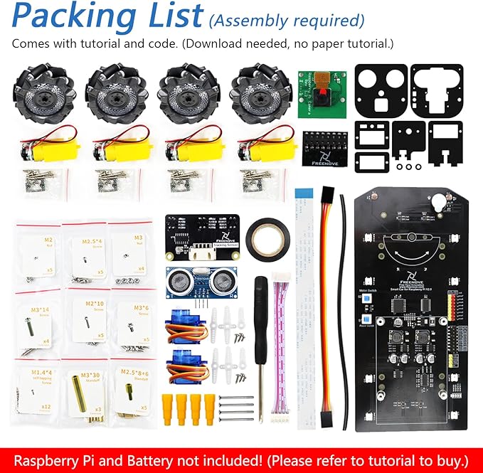Freenove Mecanum Wheel Car Kit for Raspberry Pi 5 4 B 3 B+ Zero 2 W, Face Tracking, Line Tracking, Light Tracing, Obstacle Avoidance, App Control, Camera, Servo (Raspberry Pi NOT Included)