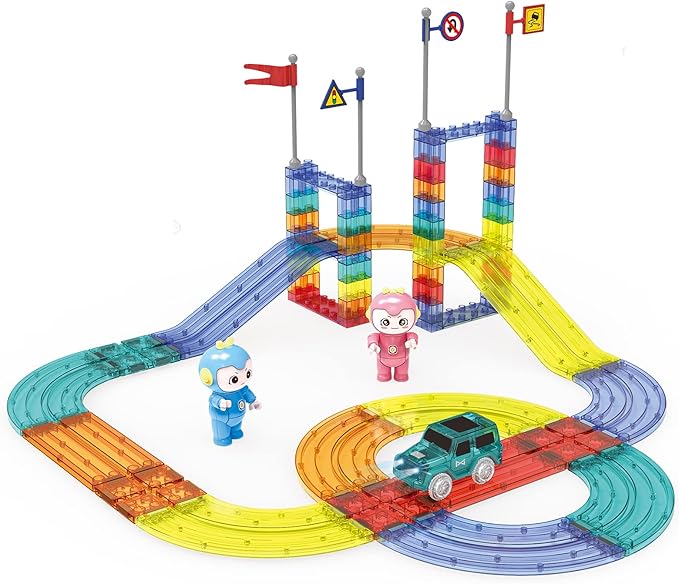 UNIQUE KIDS Race Car Track Building Block Educational Toy Set | Magnetic Tiles Magnet Playset | STEM Learning Construction Kit | Hand-Eye Coordination | Brain Development | 63 PCS