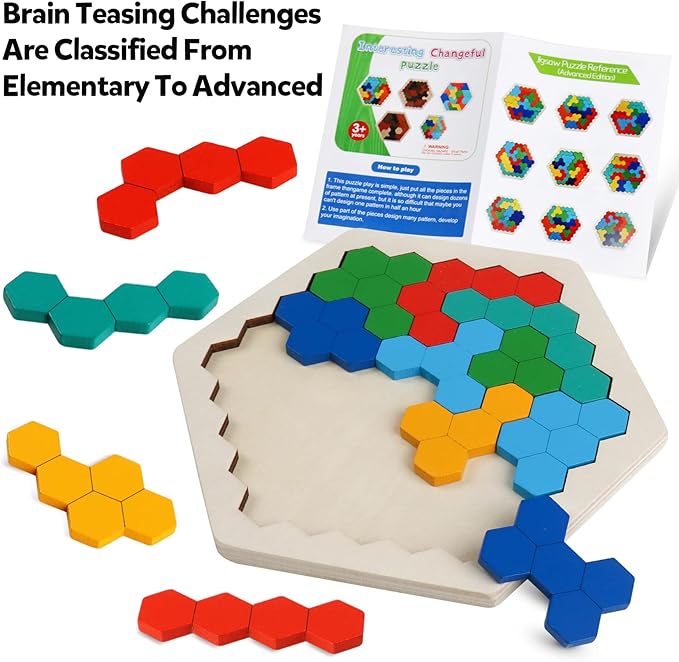 Skrtuan Wooden Blocks Puzzle for Kid Adults Brain Teaser Hexagon Puzzles Games Toy Shape Pattern Block Tangram Geometry Logic IQ STEM Montessori Educational Gift for Kids Boys Girls Challenge