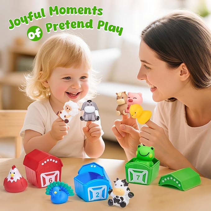 JoyCat Learning Toys for 1,2,3 Year Old Toddlers, 20Pcs Farm Animals Box, Finger Puppets for Kid, Montessori Counting, Matching & Sorting Fine Motor Games, Christmas Birthday Gift for Baby Boys Girls