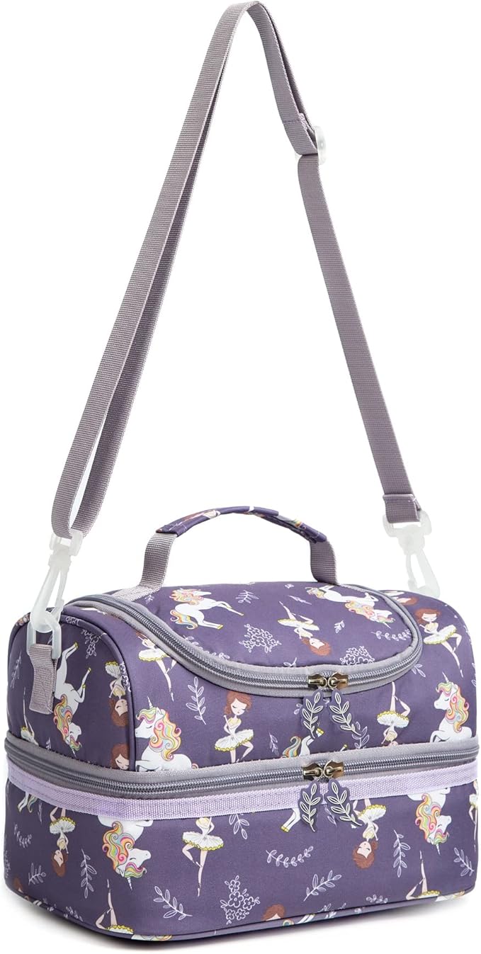 Insulated Kids Dual Compartment Lunch Bag Tote Pack for Girls Boys Toddler Kindergarten School Picnic Food Cooler Hot Water Ice with Strap (Ballet Dancer)