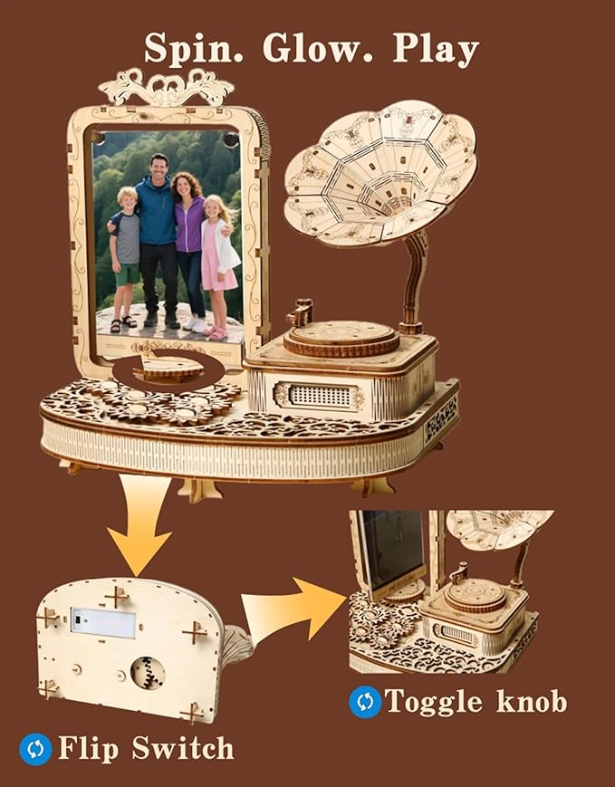 3D Wooden Puzzle Gramophone for Adults – DIY Mechanical Music Box Kit with LED Lights & Rotating Photo Frame, Creative Building Model Sets Gift for Teens, Men & Women