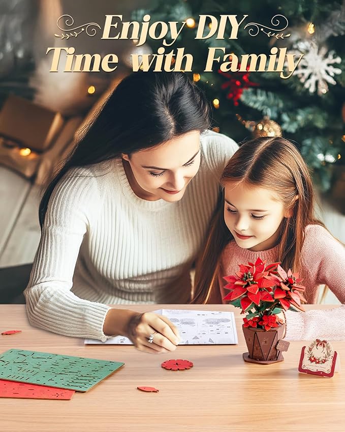 3D Flower Wooden Puzzles for Adults-Poinsettia, DIY Wooden Flowers Model Kit Building Set Crafts for Adults to Build, Botanical Collection/Ideal Creative Gift Ideas/Housewarming (153PCS)