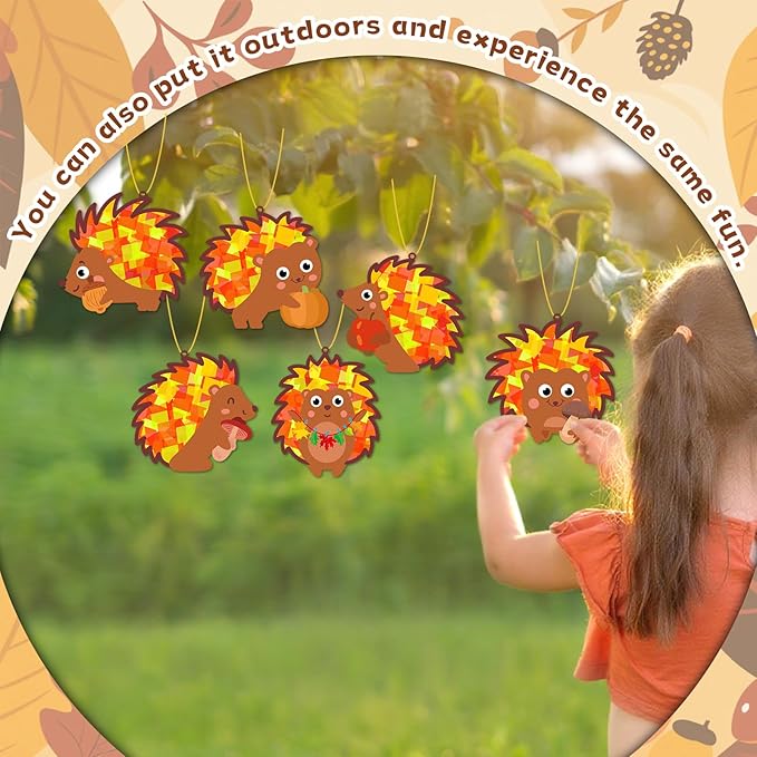 QOUBAI 32 Sets Hedgehog Suncatchers Craft Kit DIY Window Stained Glass Effect Thanksgiving Hedgehog Paper Crafts Home School Classroom Decoration Kid Birthday Gift Creative Art Project Activity Game